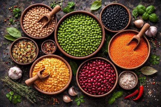 Healthy food concept with assorted peas beans and lentils captured in a bird&acirc;&euro;&trade;s eye view against a dark backdrop