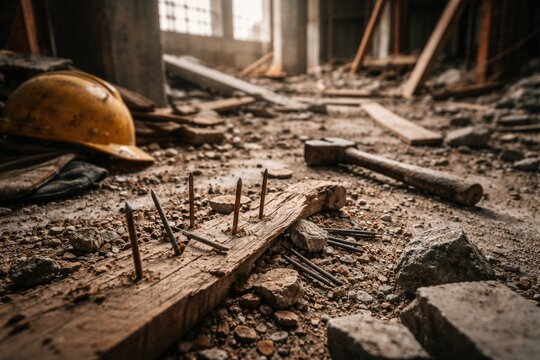 Dangerous conditions on building site featuring exposed nails and loose debris