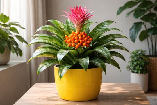 Eye catching Schubert Aechmea Bromeliad with orange berries planted in bright yellow container for indoor spaces
