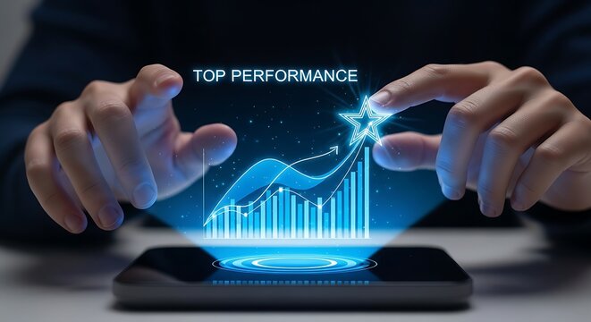 Hands interacting with a futuristic holographic display showing a rising stock market graph and the words "TOP PERFORMANCE" with a star icon.