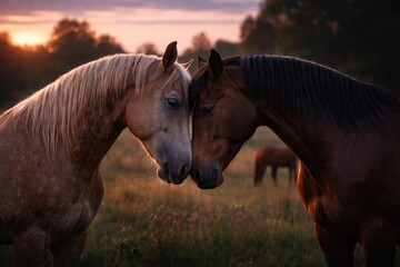 Naklejka premium Gentle horses nuzzling affectionately in a serene pasture at twilight