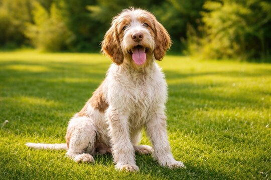 Cheerful young spinone italiano pet posing full length on fresh green grass lawn under summer sunlight