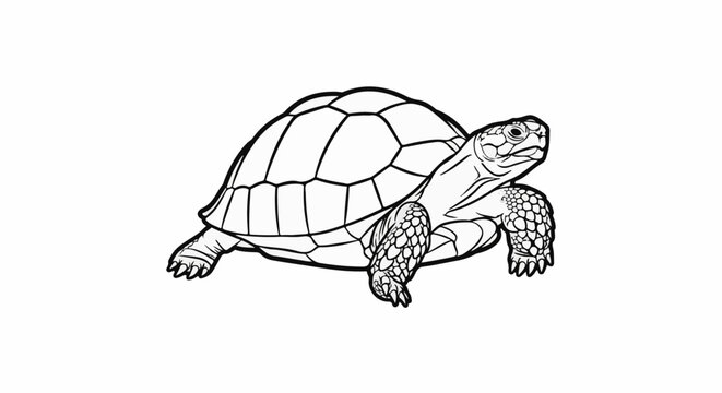 A detailed black and white illustration of a turtle on a plain white background