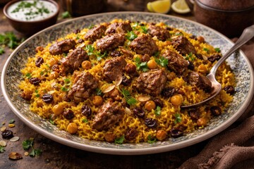 Fototapeta premium Hearty lamb pilaf with turmeric rice, raisins, and chickpeas on patterned serving dish