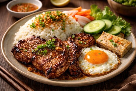 Flavorful grilled pork served with perfectly cooked broken rice