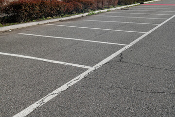 Fototapeta premium empty parking lines on asphalt in urban street, marked parking spaces without cars, city mobility concept, road surface texture, public parking layout, urban infrastructure and transportation design