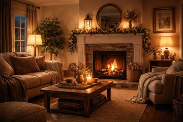 Fototapeta premium Homely living room with decorated fireplace and soothing warm illumination creating a welcoming space