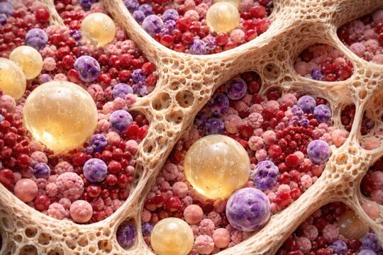 Close up microscopic bone marrow biopsy image featuring hematopoietic cells integrated with adipose tissue and bone trabeculae