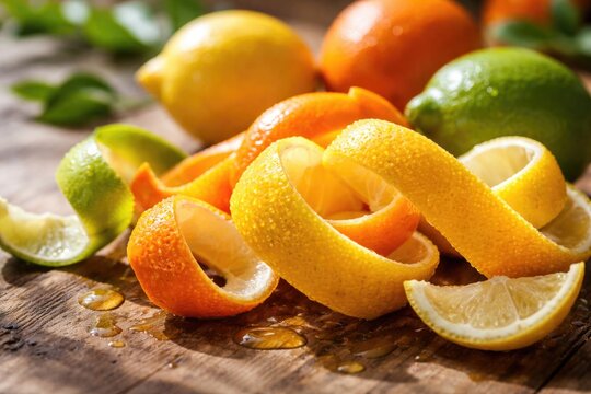 Fresh citrus peels displaying limonene terpene gloss under natural light with copy space