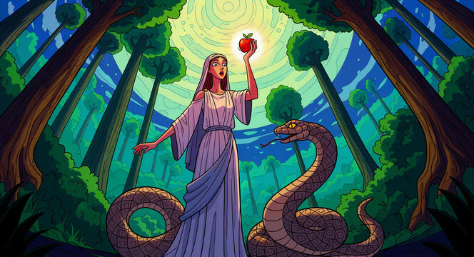 Woman holding a glowing red apple in a mystical forest with a large serpent. Illustration of Eve in the Garden of Eden. Biblical temptation concept for religious and fantasy storytelling.