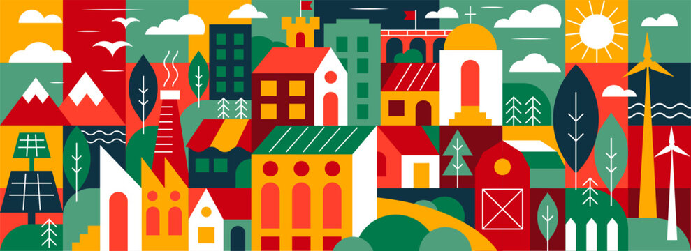 Seamless geometric city pattern with European houses, abstract mosaic town background in flat design style, architecture