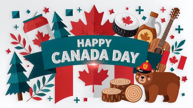 Happy Canada Day Illustration with Maple Leaf and National Symbols