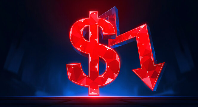 Red glowing dollar sign with a downward arrow on a dark background. 3D low-poly illustration of a financial market crash. Economic recession concept for business news and finance blogs.