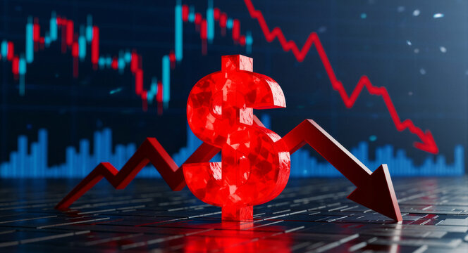 Red dollar sign with a downward arrow against a falling stock market chart. Financial indices and candlestick patterns show an economic downturn. Inflation and recession concept for news media.