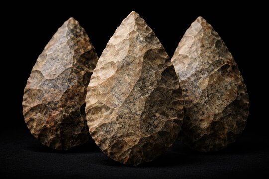 Amygdaloid shaped bifacial quartzite tools used in ancient animal conflict displayed on black background