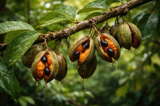 Copaifera langsdorffii limb with mature fruits and orange aryl for traditional healing purposes