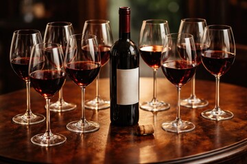 Naklejka premium Collection of red wine glasses surrounding a opened bottle on the table