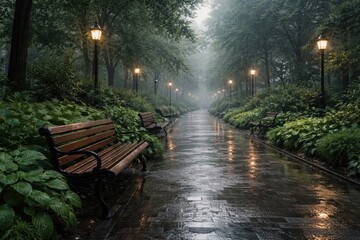 Fototapeta premium Damp urban park walkway with seated wooden benches and abundant green plants under misty skies