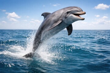 Fototapeta premium A happy dolphin jumping in the open ocean during daytime