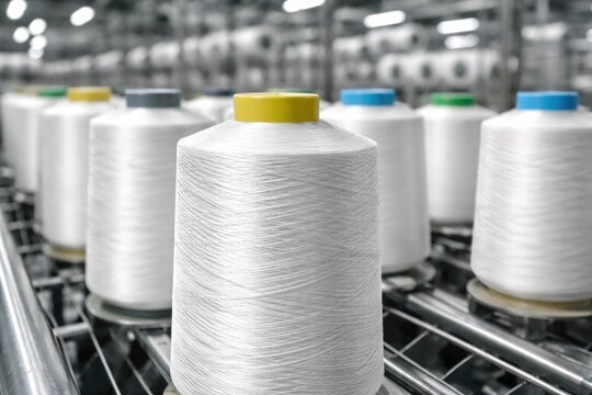 Close up of white polyamide thread bobbins in textile factory