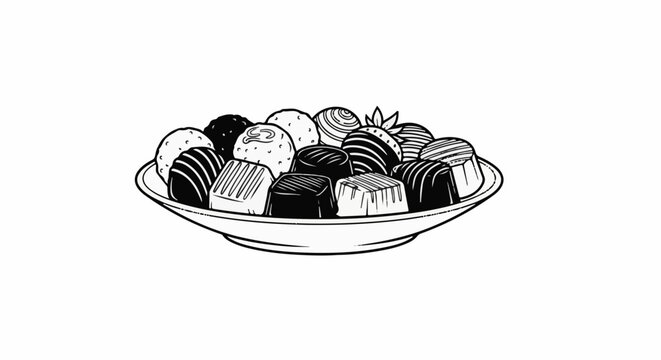 A black and white illustration of a bowl filled with various chocolates