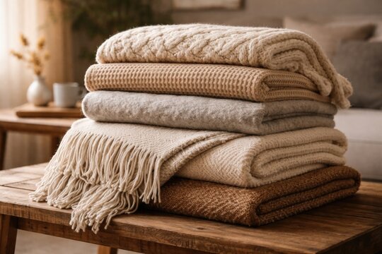 A tidy stack of folded blankets showcasing texture variety