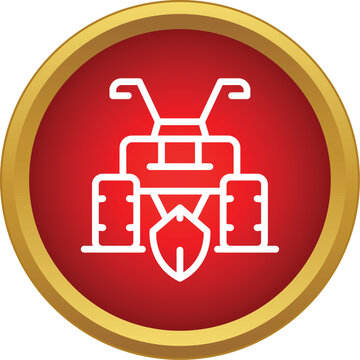 White outline of a walk behind tractor on a red background with a gold border