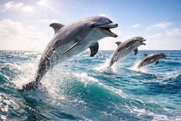 Fototapeta premium Happy ocean dolphins soaring through salty air in sunlight