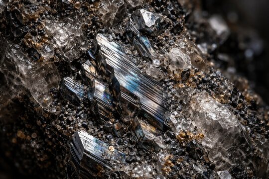 Close-up vertical view of titanium ore showcasing complex silicon elements and natural mineral textures