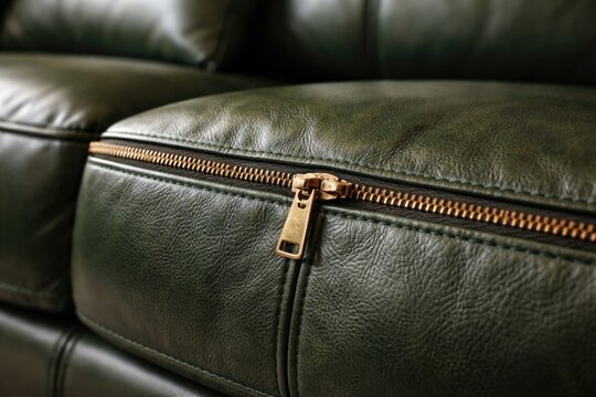 Close perspective on green leather couch zipper hardware