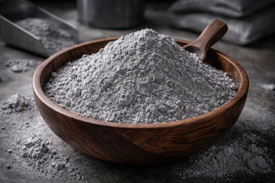 Gray textured titanium dioxide pigment powder in a wooden bowl emphasizing its application in industry