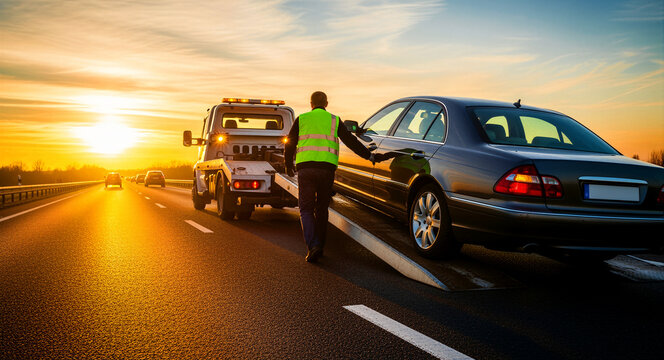 Tow truck worker loading a car on a highway at sunset. Professional roadside assistance during vehicle recovery. Breakdown service concept for insurance and transport marketing.