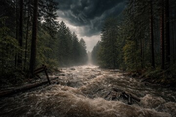 Obraz premium Flooded forest trail with towering water levels and a menacing storm cloud sky demonstrating intense natural elements