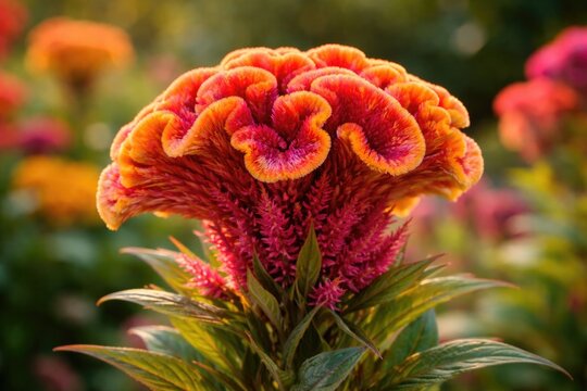 Natural outdoor capture of colorful Celosia cristata flower with textured crest