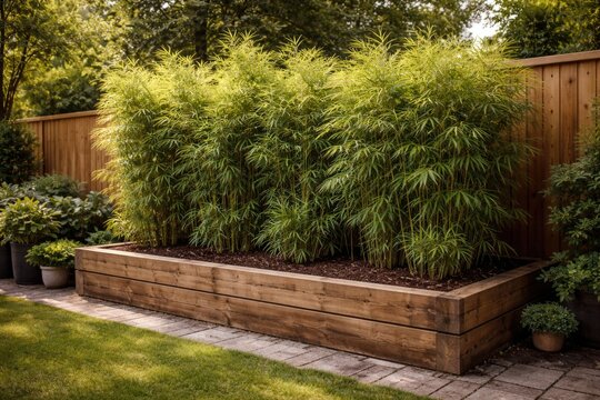 Natural privacy created by bamboo plants growing in a wooden sleeper raised garden bed outdoors