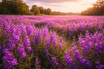 Fototapeta premium Lush purple blossoms spreading across a summer field