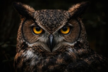 Obraz premium Horned owl's sharp yellow eyes in close detail with a deep dark setting