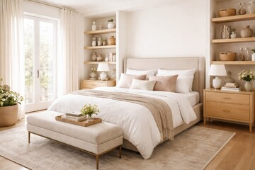 Fototapeta premium Bright chic bedroom featuring a comfortable bed, built in shelving for storage, nightstand, and fabric bench