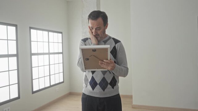 Man holding a framed photo with one hand while touching his cheek with the other, wearing an argyle sweater, standing in an empty building by tall windows, looking down at the picture; grief.