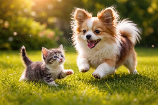 Cheerful small dog romping with tiny cat on vibrant green lawn full length summer