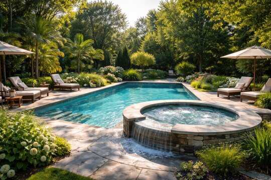 Lush green backyard showcasing a built in pool and jacuzzi under radiant sunlight