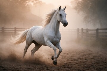 Naklejka premium Noble white horse on ranch enveloped in fog embodying speed and elegance