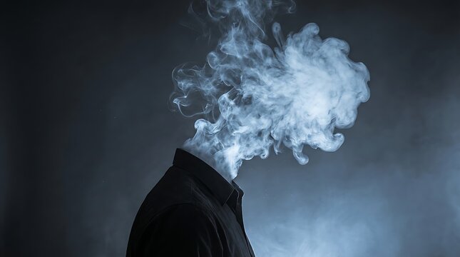 Ethereal portrait a figure with a head replaced by swirling luminous smoke creating a mysterious and dreamlike atmosphere