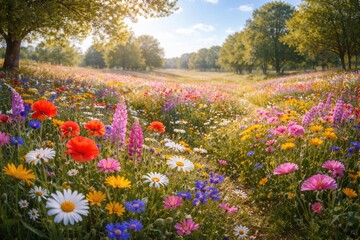 Fototapeta premium Bright spring flowers flourishing across a peaceful country meadow