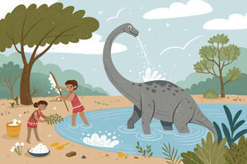 Naklejka premium Dinosaur Bath Scene With Children Using Giant Leaf