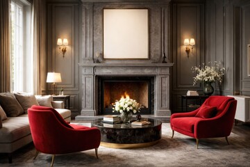 Obraz premium Elegant living area highlighting a large gray fireplace and bright red chairs suitable for art mock up