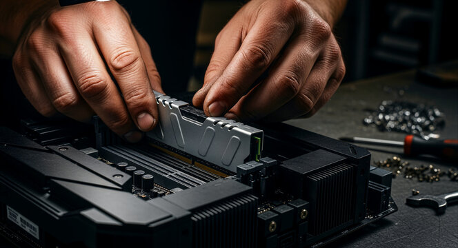 Close-up of hands installing RAM module into a computer motherboard. Technician assembling a high-performance PC system in a workshop. IT hardware upgrade and maintenance concept.