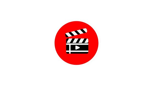 Red circle holds a clapperboard icon. Black and white stripes show classic film pattern. Play button symbol marks video recording function. Simple design fits digital or mobile app interfaces