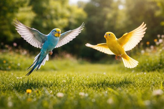 Delighted pet budgerigar and canary fluttering above a green grass lawn in full length on a bright summer day