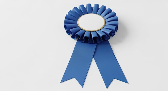 Blue rosette award ribbon with empty circle for text or logo isolated